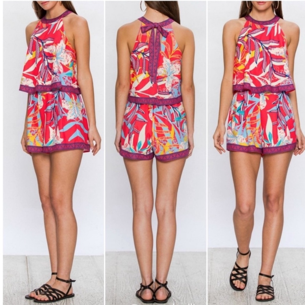 Flying Tomato Tropical Floral Print Shorts Romper Sleeveless Sz S Boho